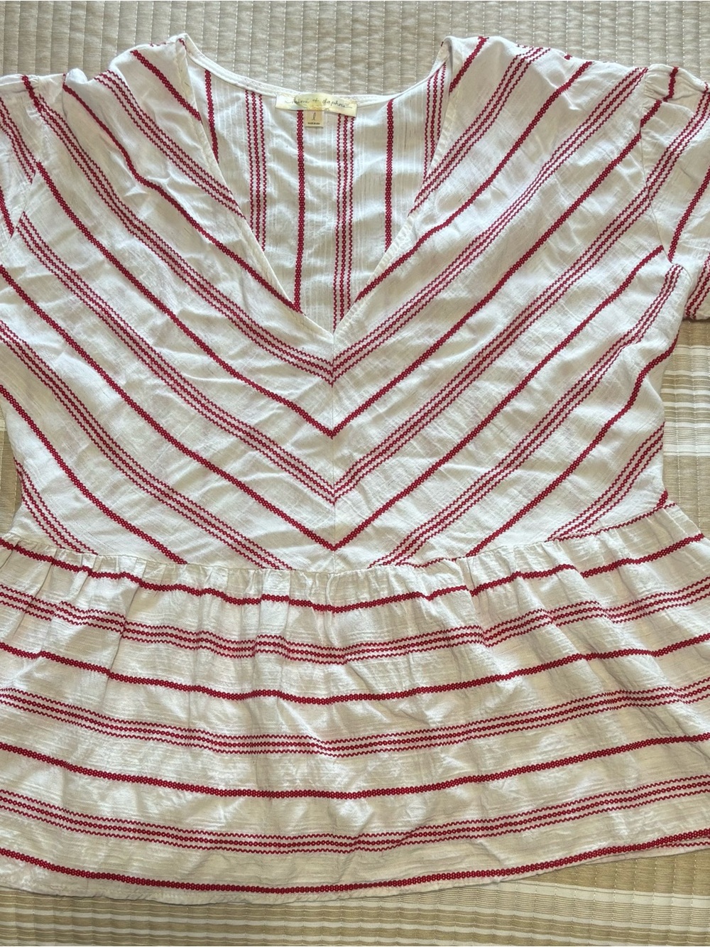 Mimi and Daphne Large White and Red Striped V-Neck Peplum Top